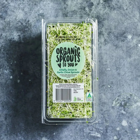 Fresh alfalfa, garlic chive and onion chive sprouts