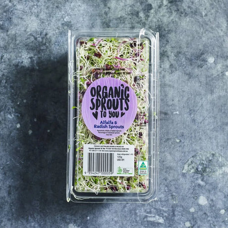 Fresh alfalfa and radish sprouts packed and ready to use